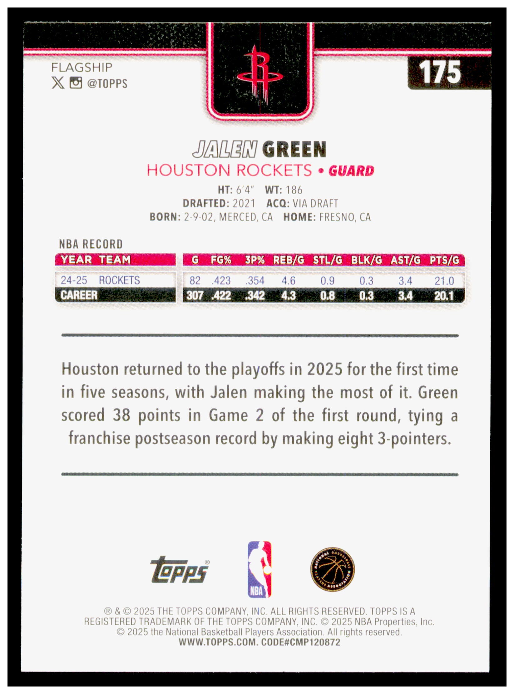 2025-26 Topps Jalen Green Card Houston Rockets #175