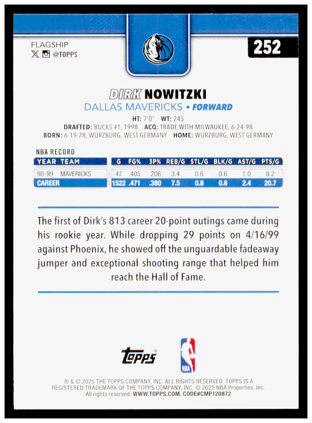 2025-26 Topps Dirk Nowitzki Card Dallas Mavericks #252