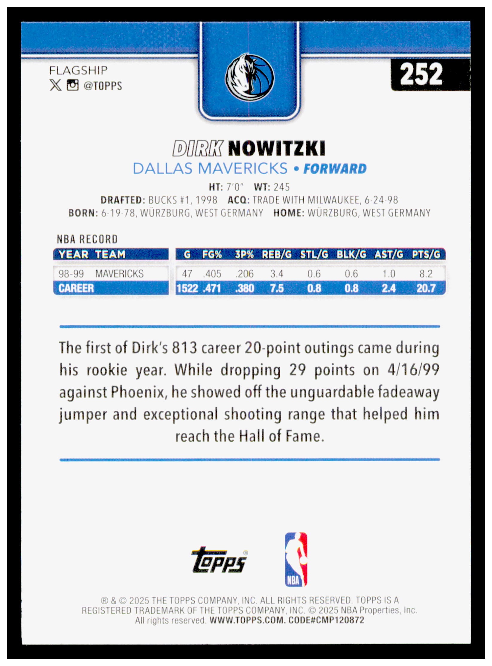2025-26 Topps Dirk Nowitzki Card Dallas Mavericks #252