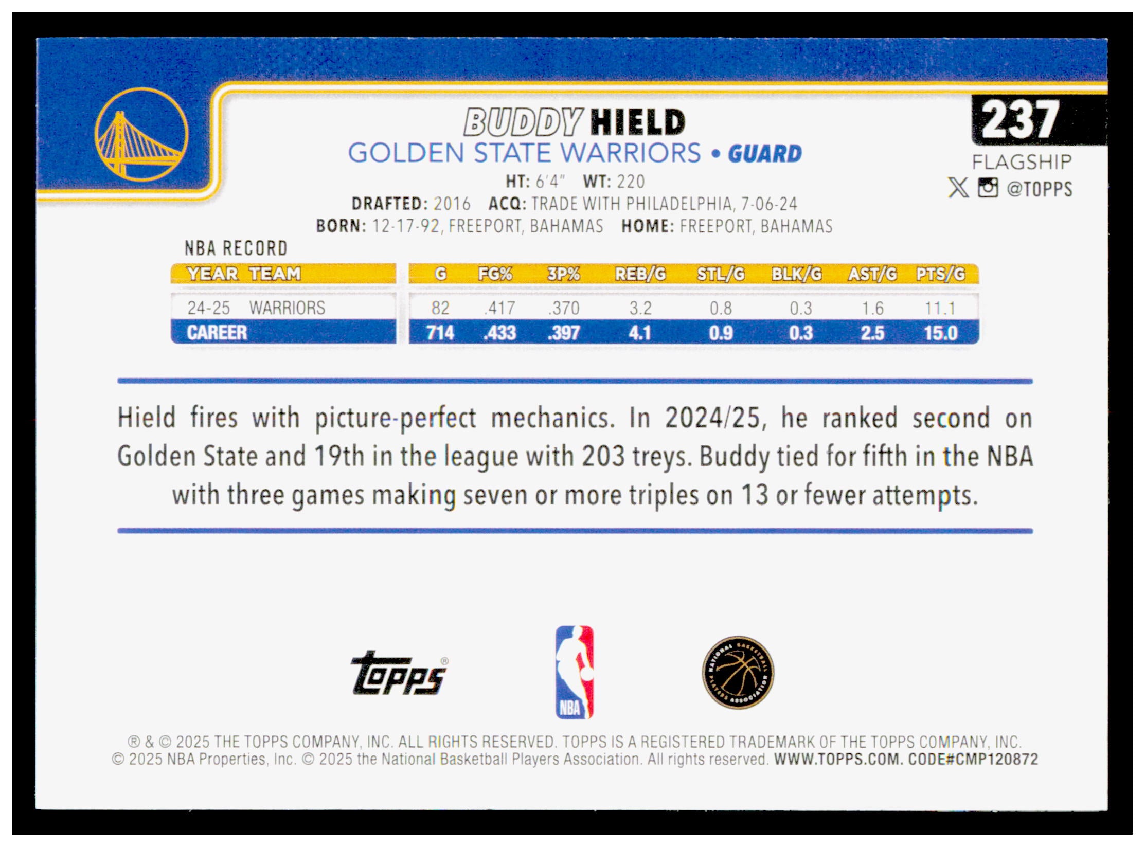 2025-26 Topps Buddy Hield Card Golden State Warriors #237