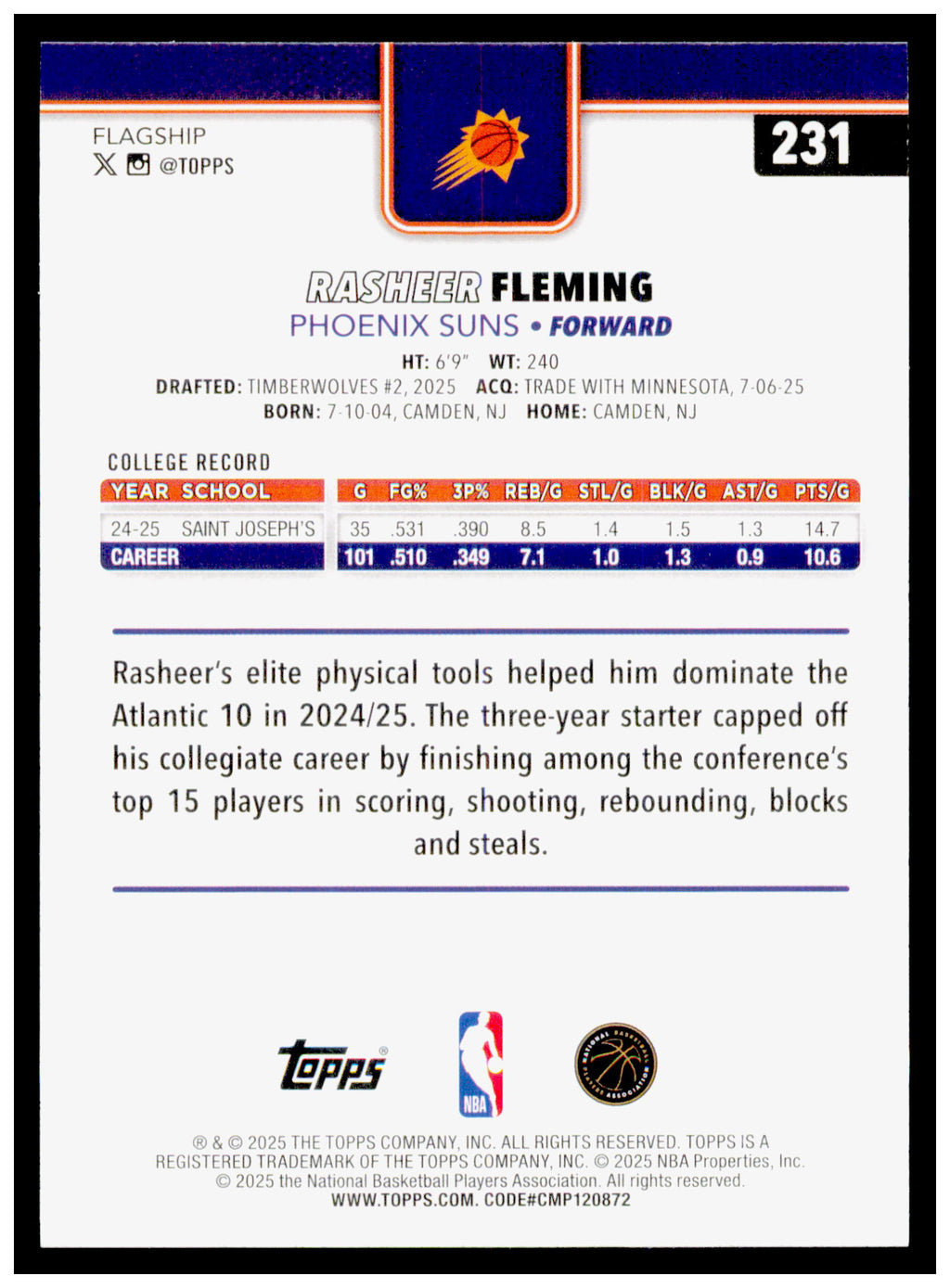 2025-26 Topps Rasheer Fleming Card RC Phoenix Suns #231