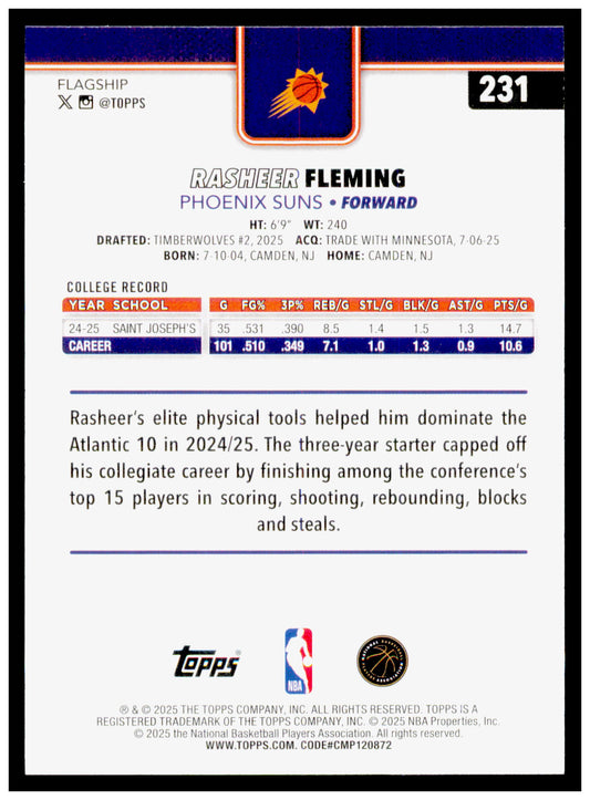 2025-26 Topps Rasheer Fleming Card RC Phoenix Suns #231