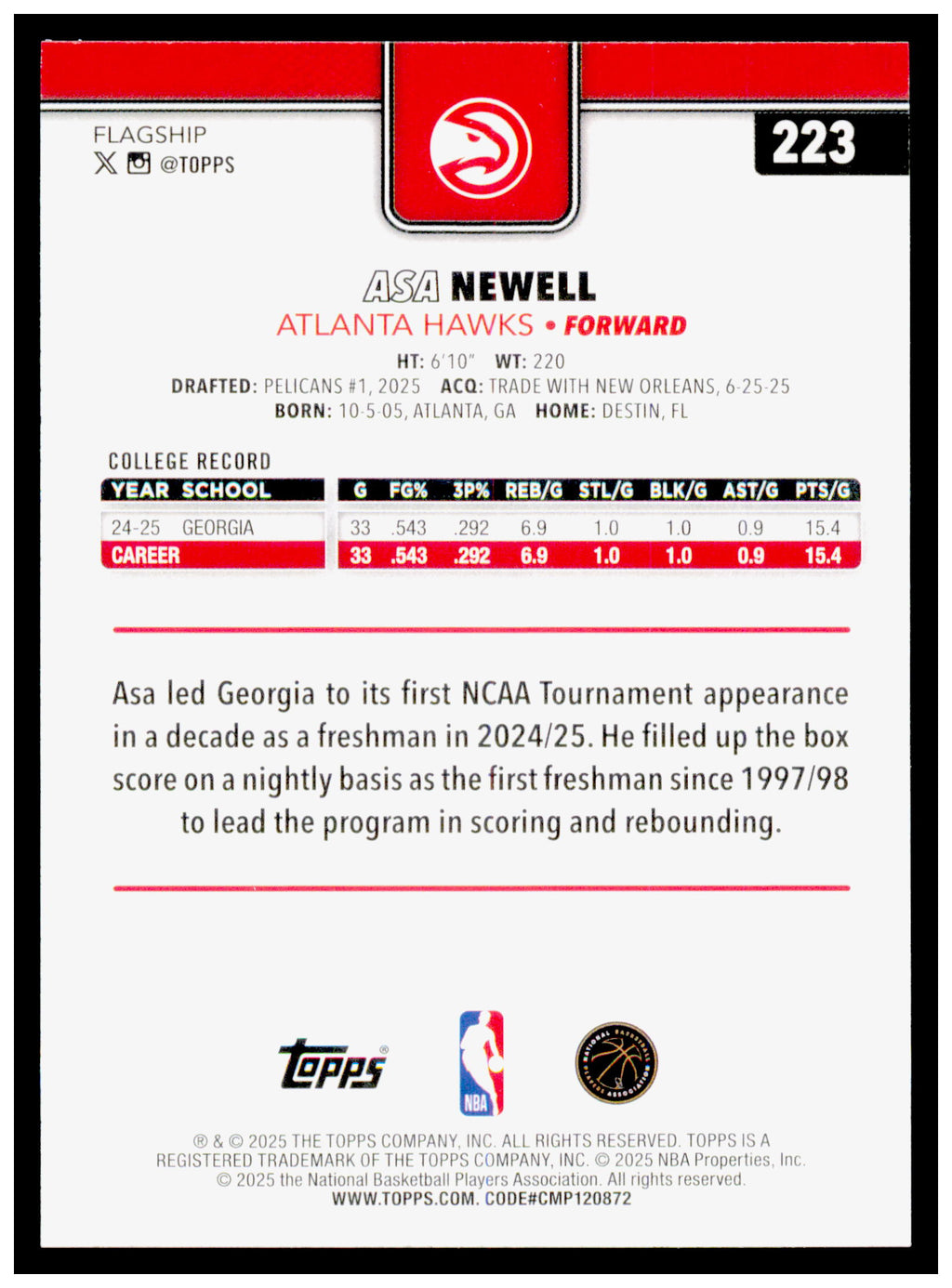 2025-26 Topps Asa Newell Card RC Atlanta Hawks #223