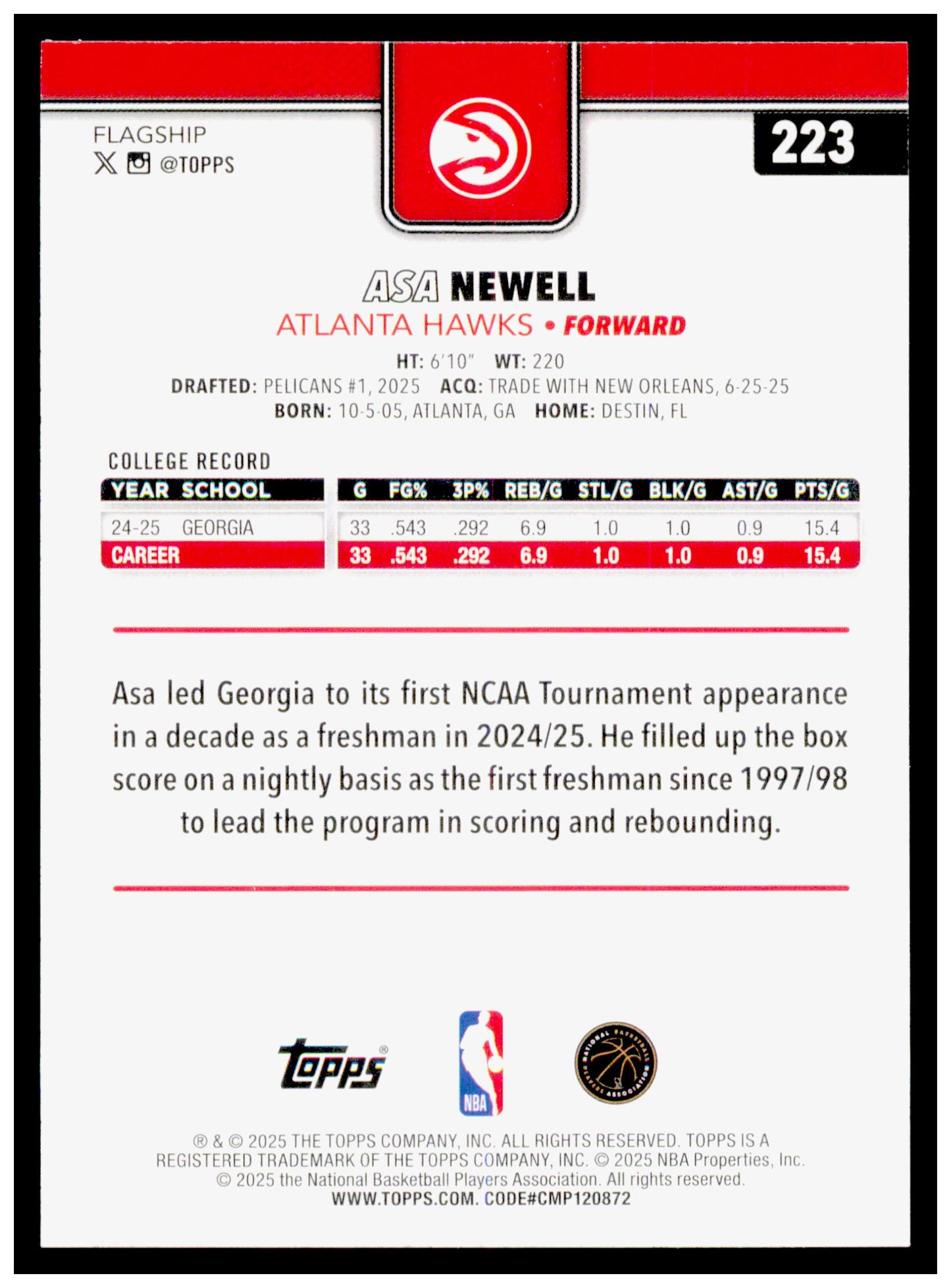 2025-26 Topps Asa Newell Card RC Atlanta Hawks #223