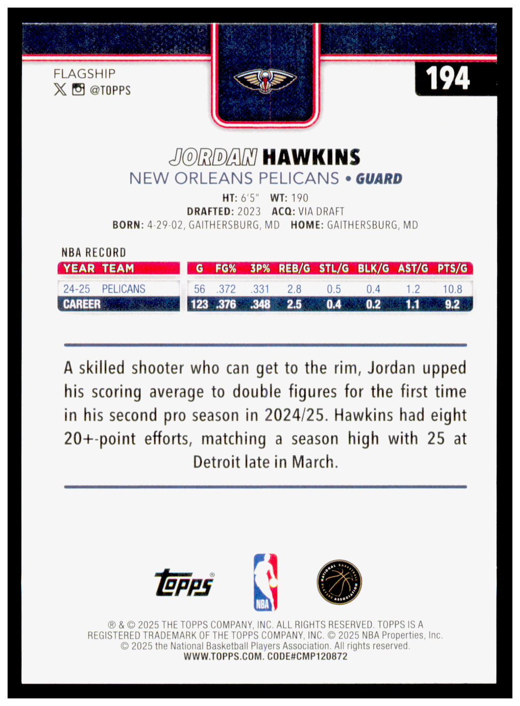 2025-26 Topps Jordan Hawkins Card New Orleans Pelicans #194