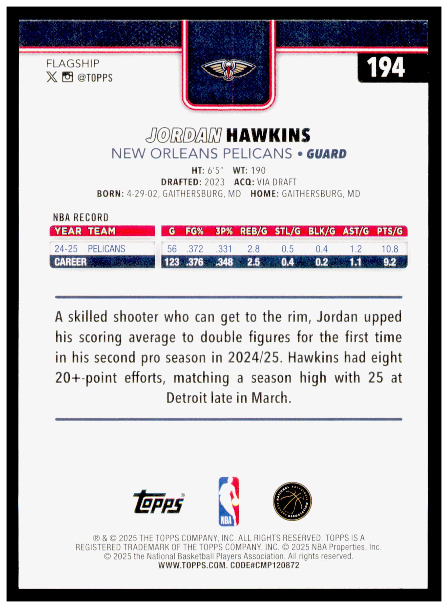 2025-26 Topps Jordan Hawkins Card New Orleans Pelicans #194