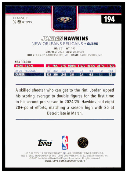 2025-26 Topps Jordan Hawkins Card New Orleans Pelicans #194