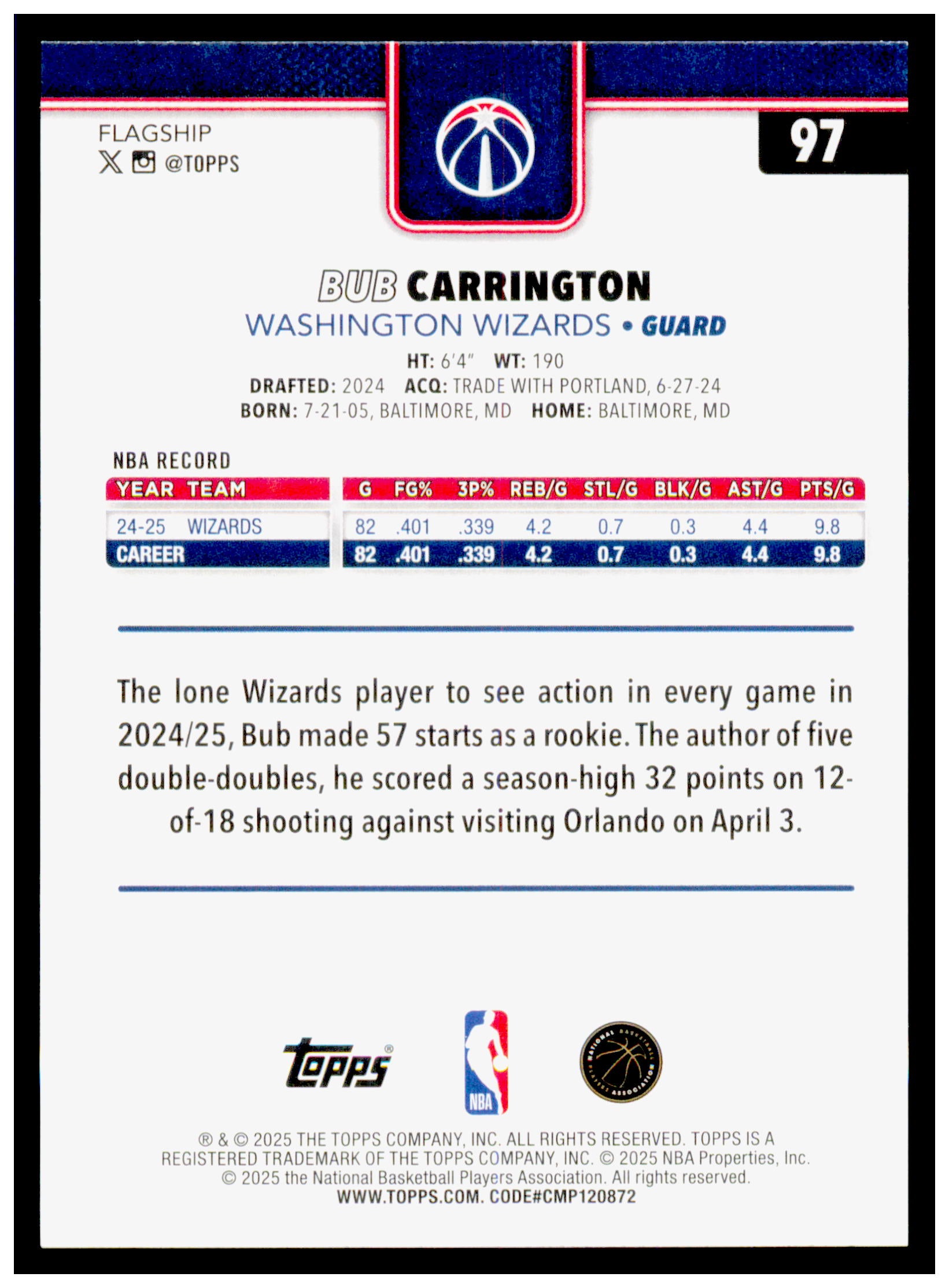2025-26 Topps Bub Carrington Card Washington Wizards #97