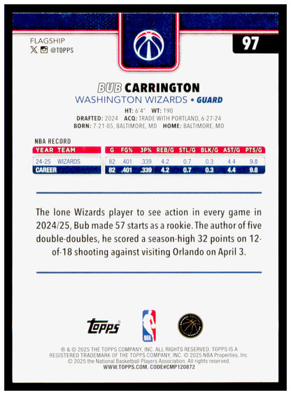 2025-26 Topps Bub Carrington Card Washington Wizards #97