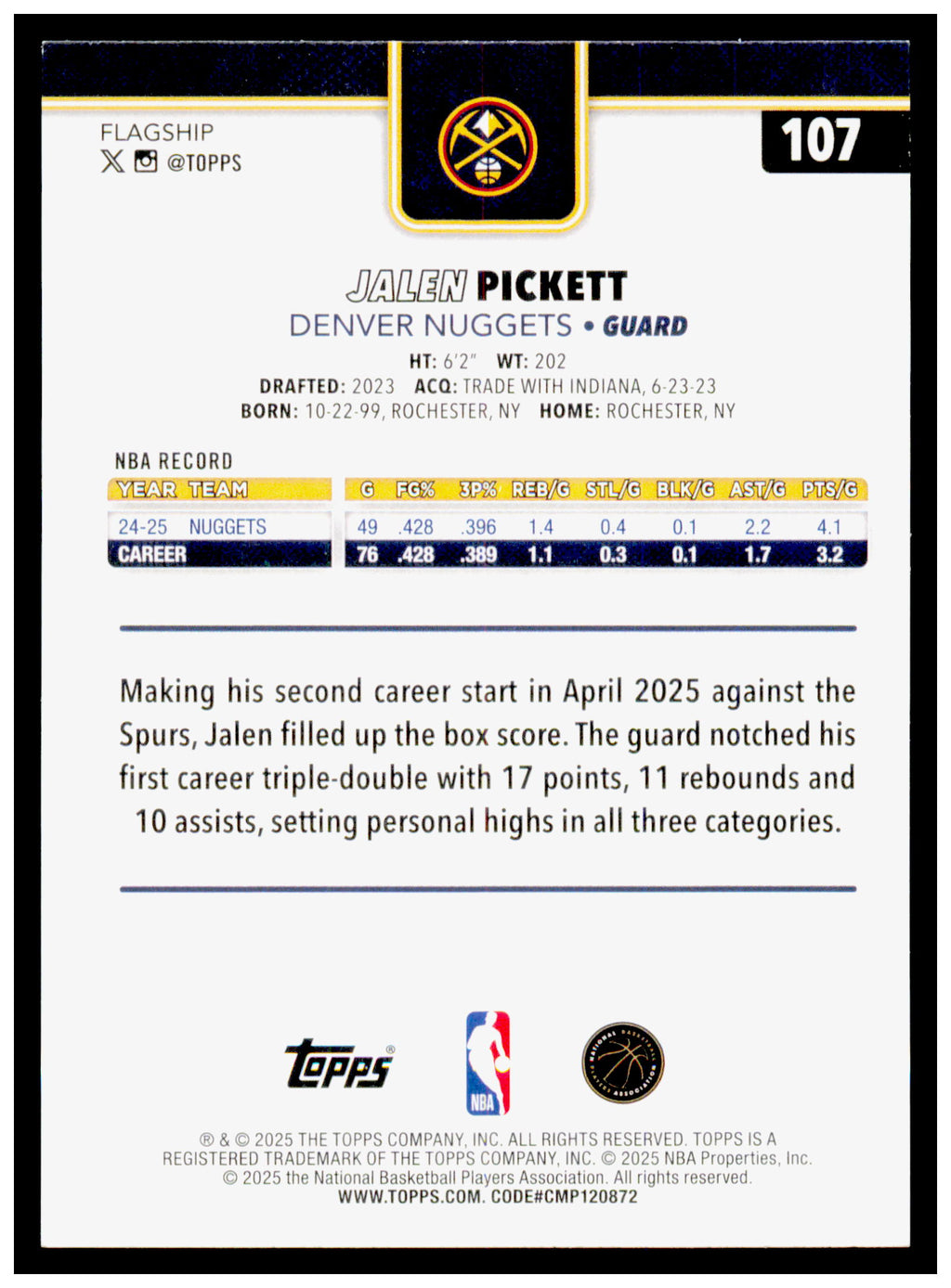 2025-26 Topps Jalen Pickett Card Denver Nuggets #107