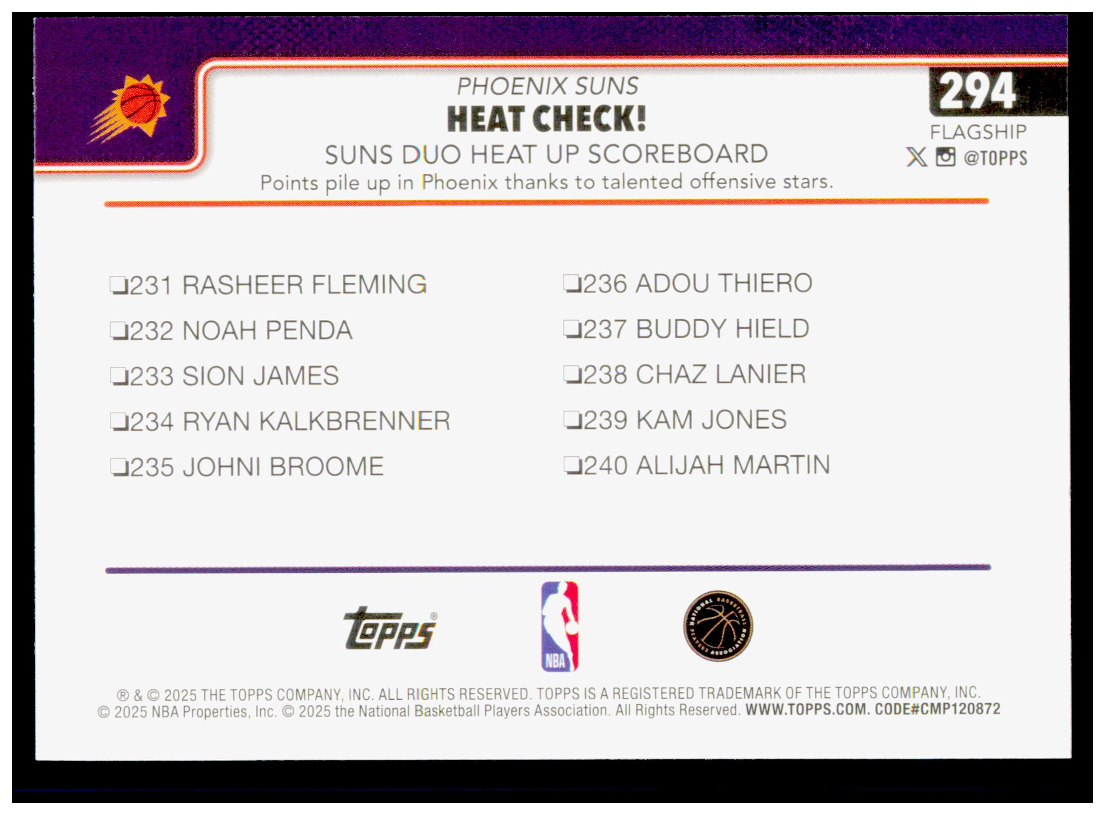 2025-26 Topps Heat Check!: Suns Duo Heat Up Scoreboard Card Phoenix Suns #294