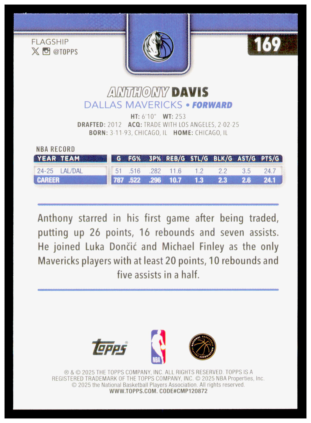 2025-26 Topps Anthony Davis Card Dallas Mavericks #169