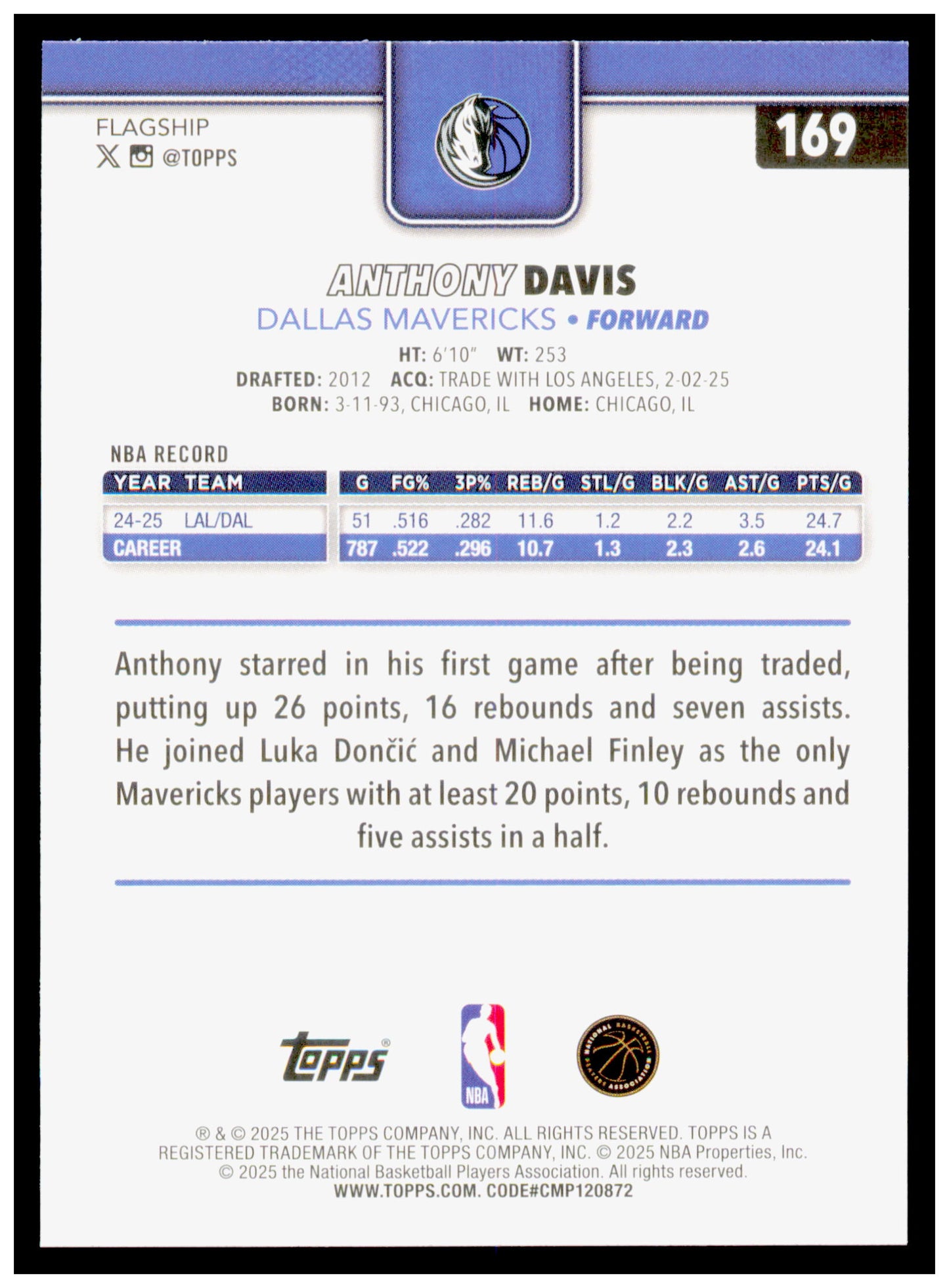 2025-26 Topps Anthony Davis Card Dallas Mavericks #169