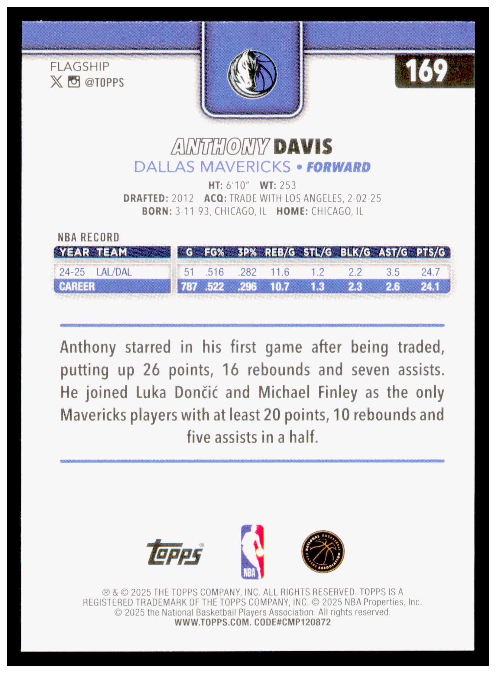 2025-26 Topps Anthony Davis Card Dallas Mavericks #169