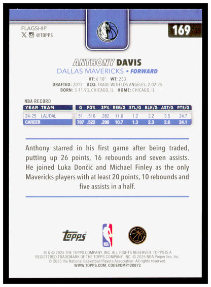 2025-26 Topps Anthony Davis Card Dallas Mavericks #169