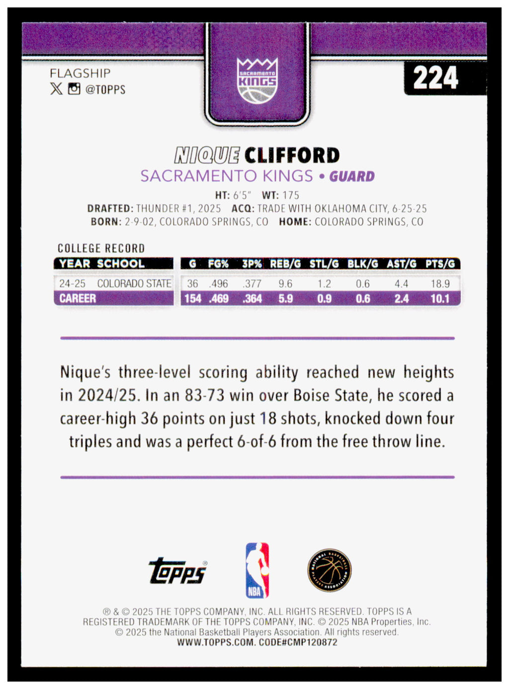 2025-26 Topps Nique Clifford Card RC Sacramento Kings #224