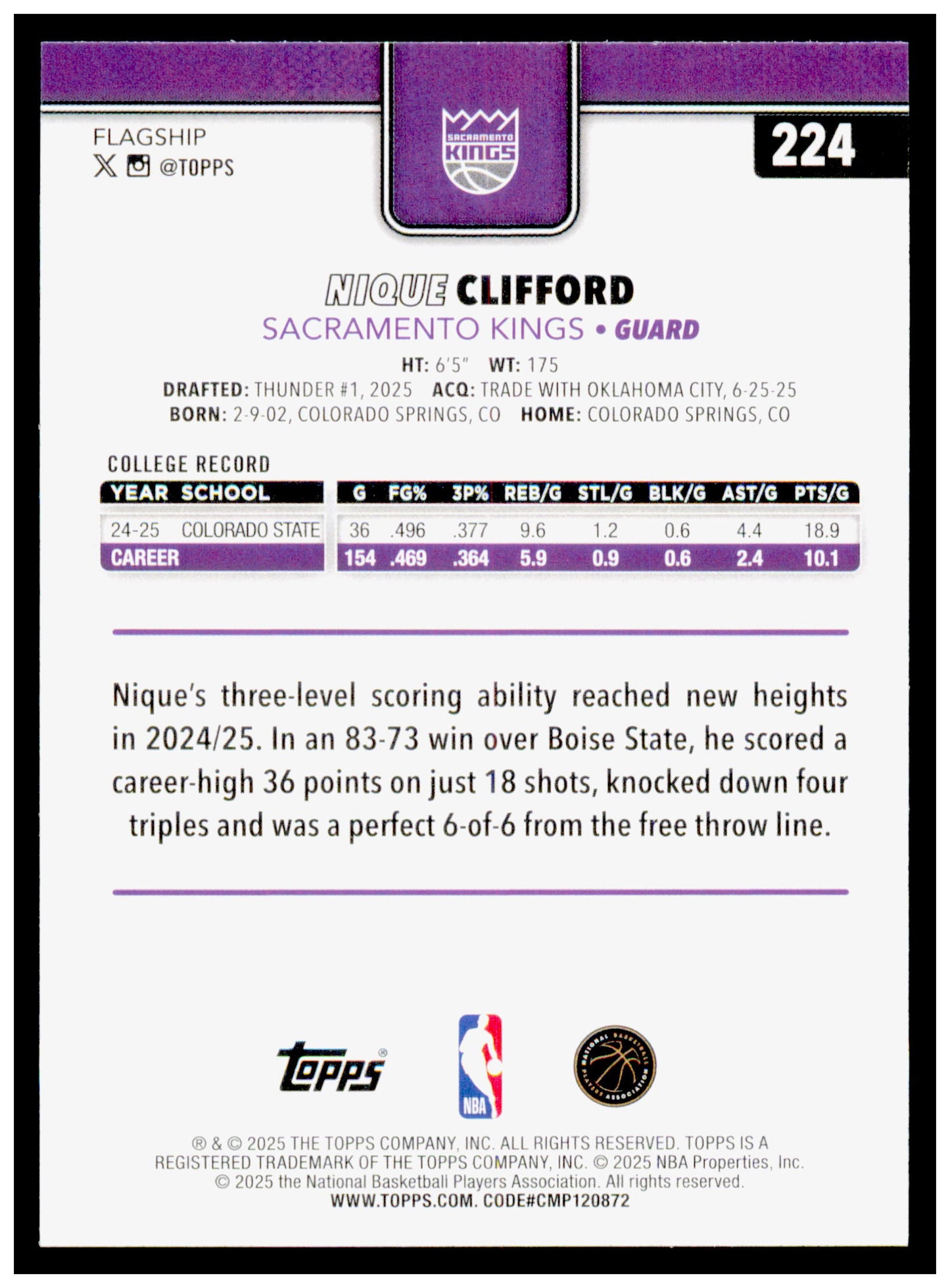 2025-26 Topps Nique Clifford Card RC Sacramento Kings #224
