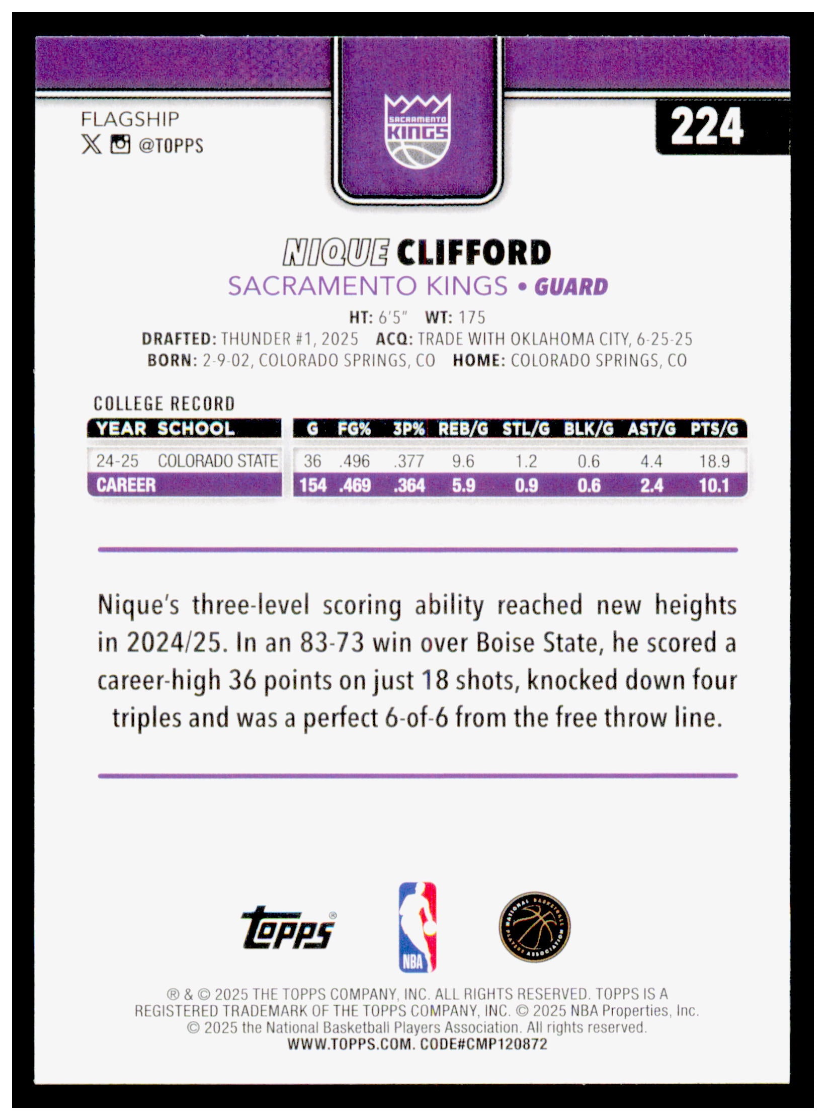 2025-26 Topps Nique Clifford Card RC Sacramento Kings #224