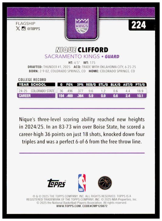 2025-26 Topps Nique Clifford Card RC Sacramento Kings #224