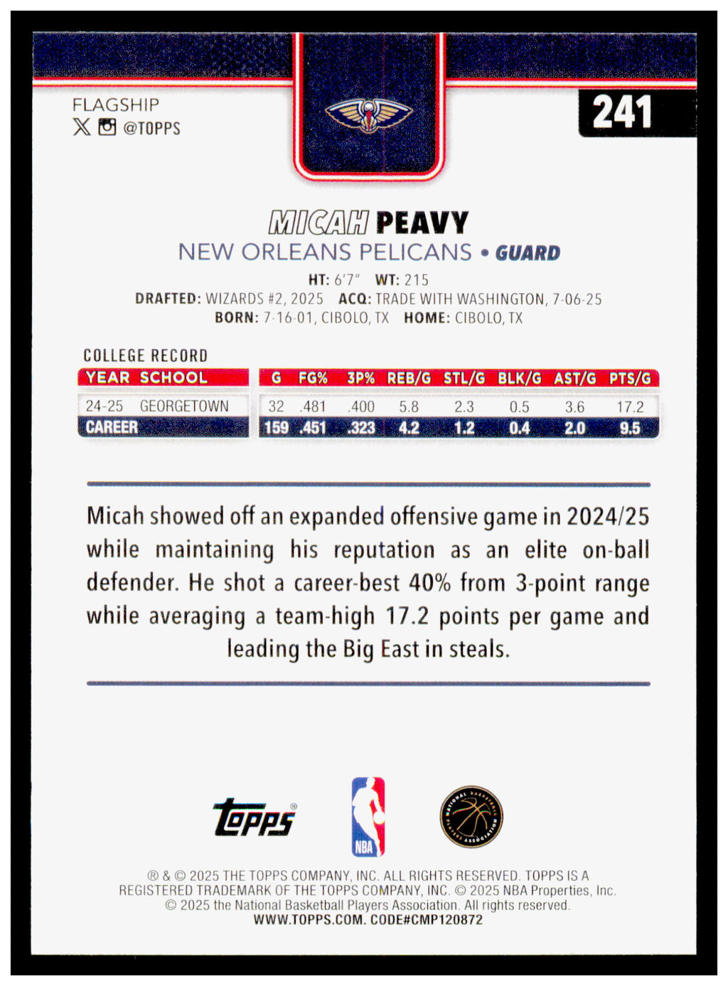 2025-26 Topps Micah Peavy Card RC New Orleans Pelicans #241