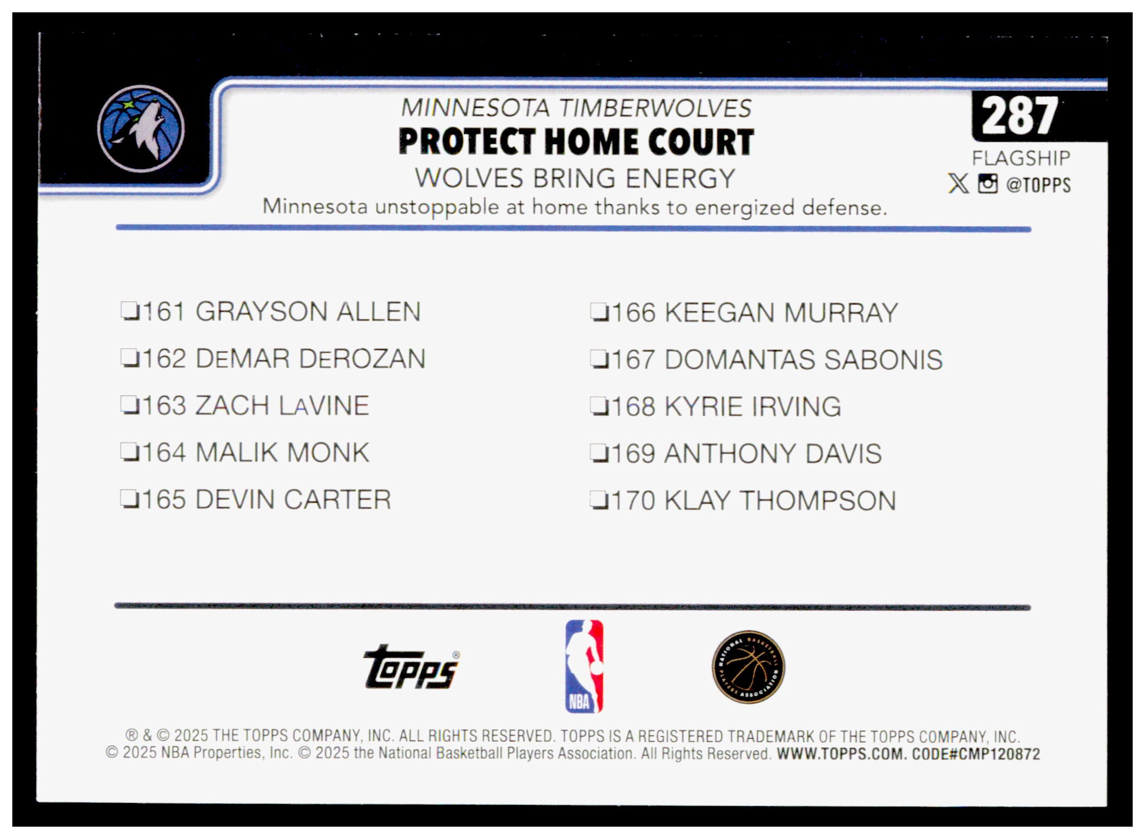 2025-26 Topps Protect Home Court: Wolves Bring Energy Card Minnesota