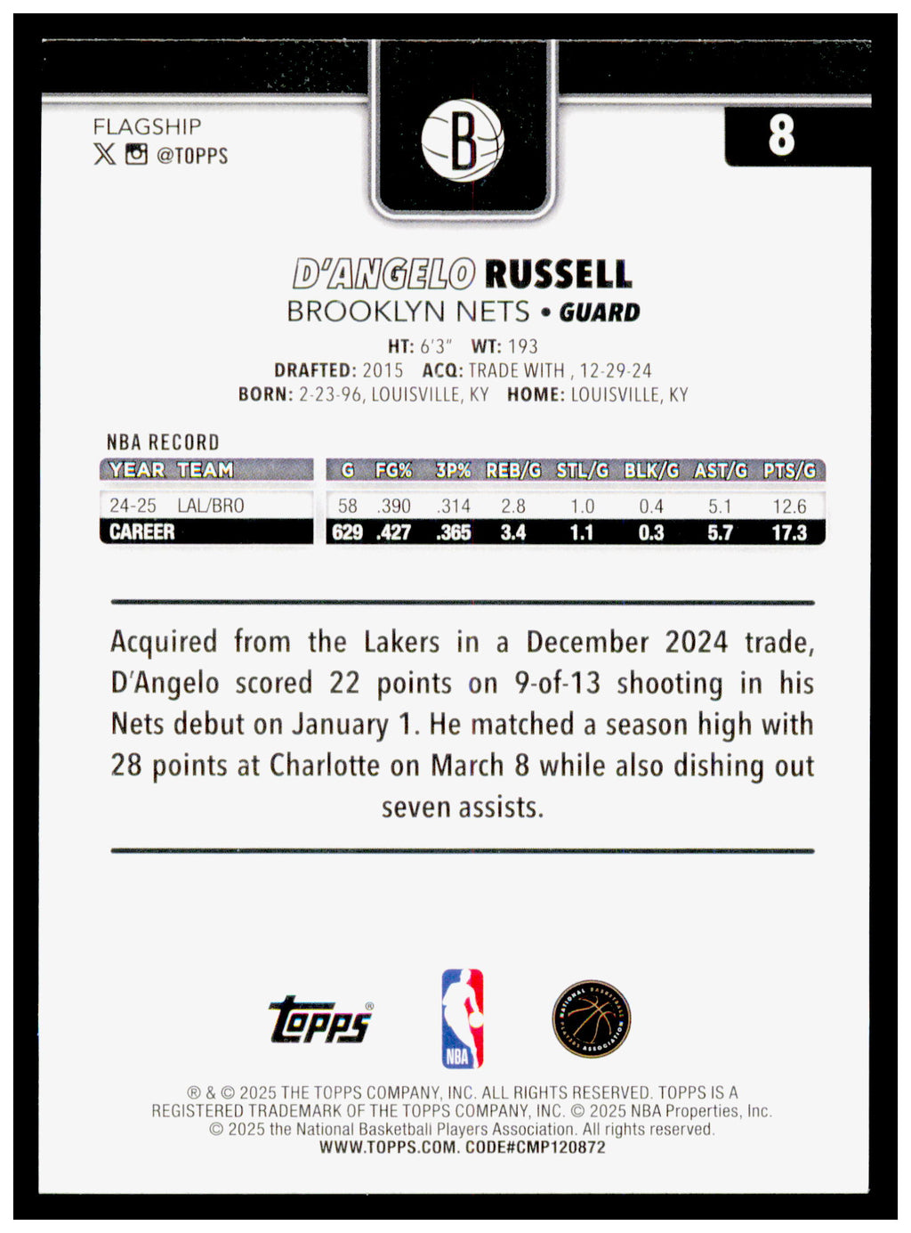 2025-26 Topps D'Angelo Russell Card Brooklyn Nets #8