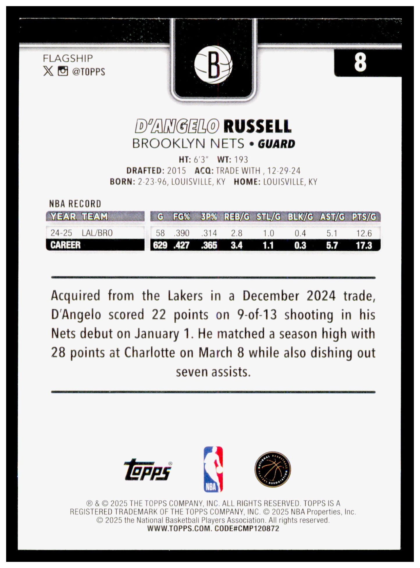 2025-26 Topps D'Angelo Russell Card Brooklyn Nets #8