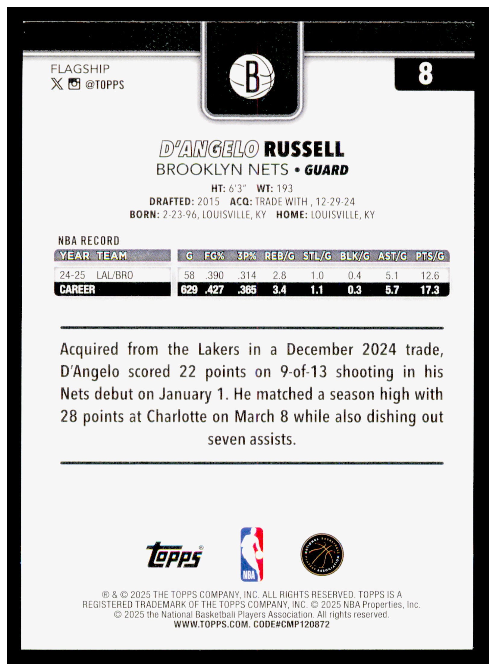 2025-26 Topps D'Angelo Russell Card Brooklyn Nets #8