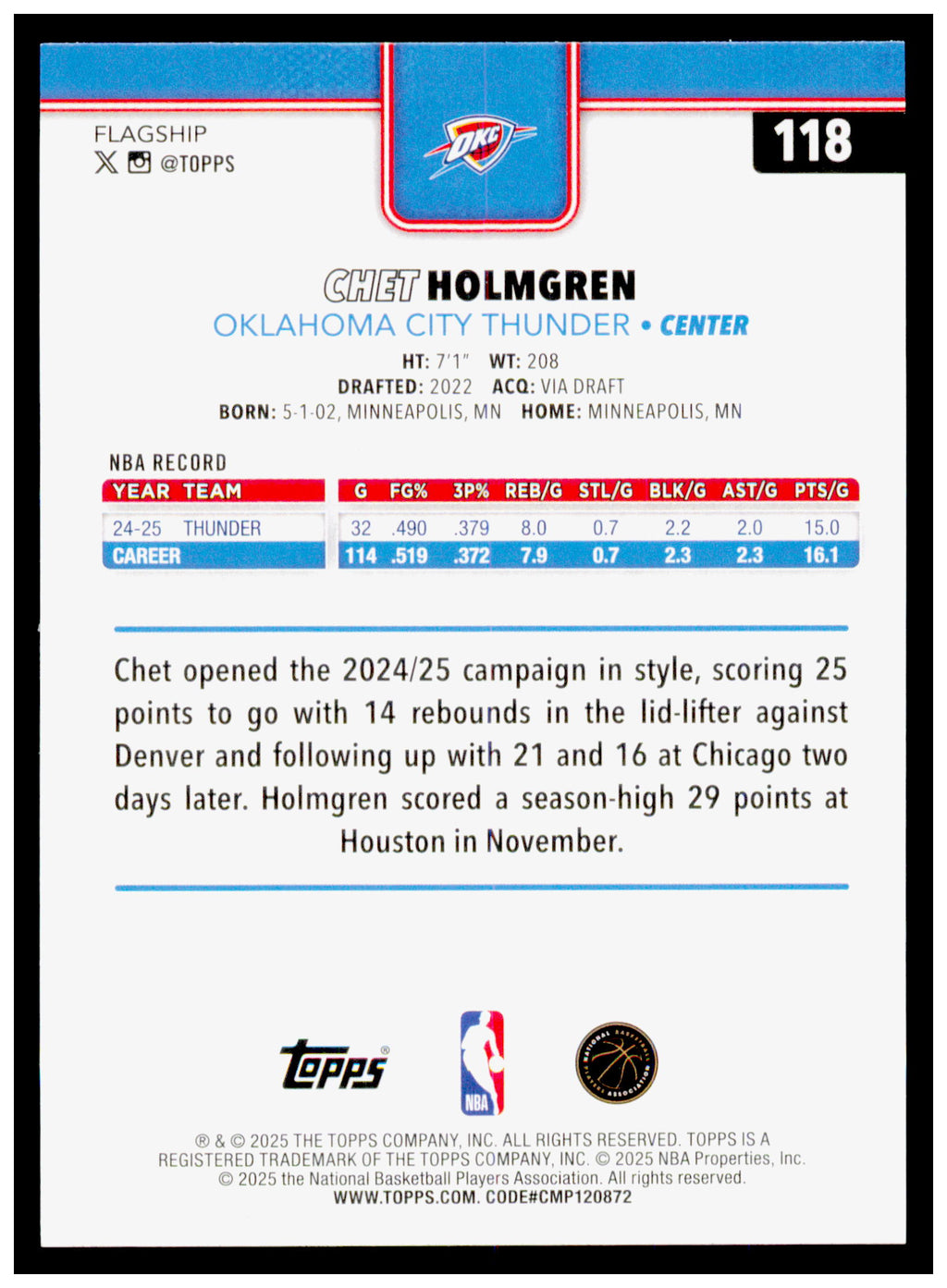 2025-26 Topps Chet Holmgren Card Oklahoma City Thunder #118