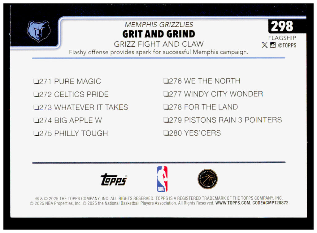 2025-26 Topps Grit and Grind: Grizz Fight and Claw Card Memphis Grizzlies #298