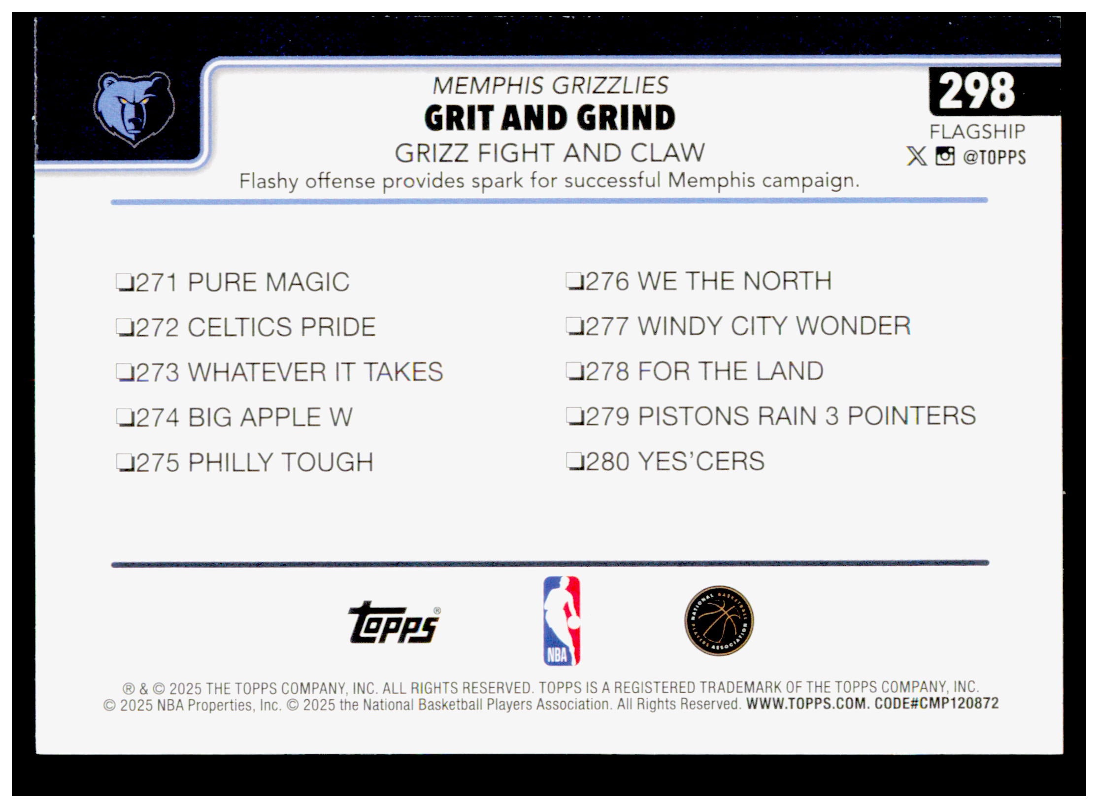 2025-26 Topps Grit and Grind: Grizz Fight and Claw Card Memphis Grizzlies #298