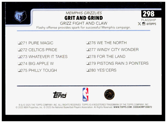 2025-26 Topps Grit and Grind: Grizz Fight and Claw Card Memphis Grizzlies #298