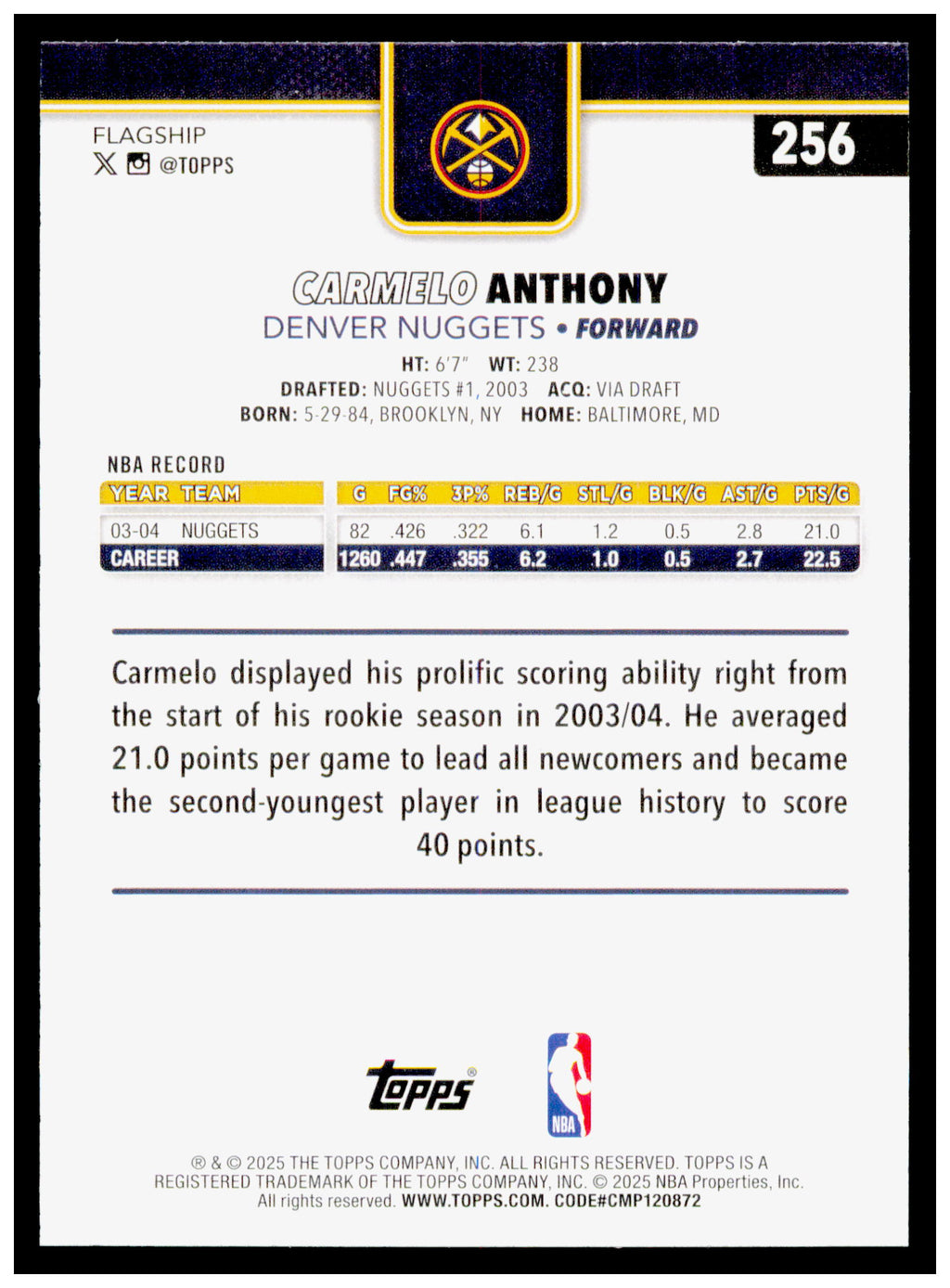 2025-26 Topps Carmelo Anthony Card Denver Nuggets #256