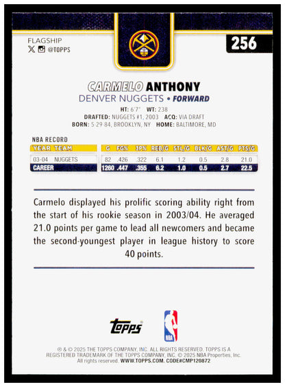 2025-26 Topps Carmelo Anthony Card Denver Nuggets #256