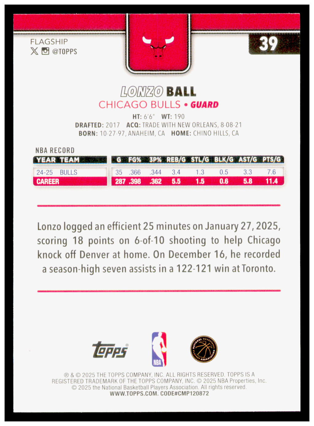 2025-26 Topps Lonzo Ball Card Chicago Bulls #39