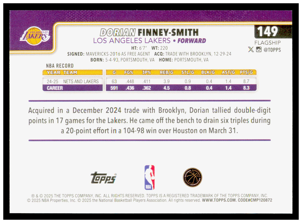 2025-26 Topps Dorian Finney-Smith Card Los Angeles Lakers #149