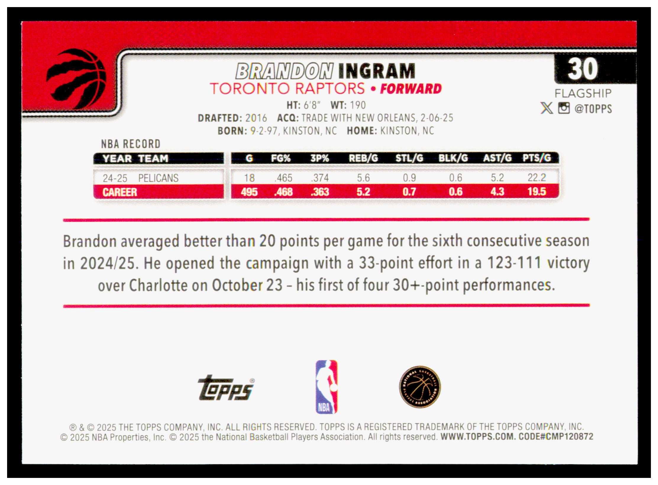 2025-26 Topps Brandon Ingram Card Toronto Raptors #30