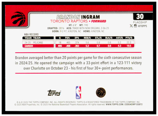 2025-26 Topps Brandon Ingram Card Toronto Raptors #30