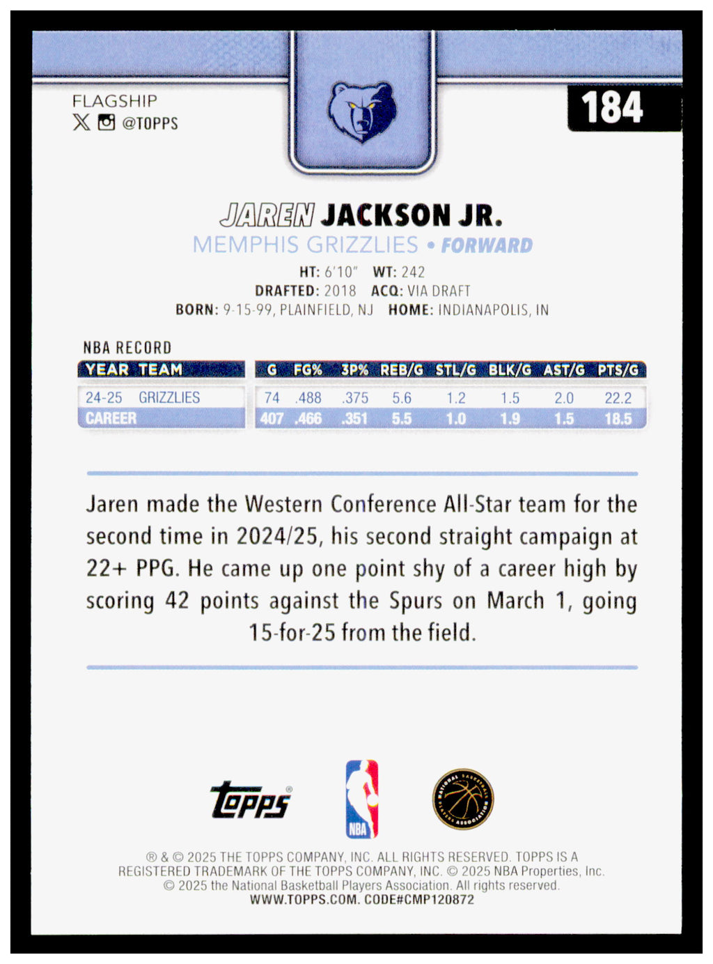 2025-26 Topps Jaren Jackson Jr. Card Memphis Grizzlies #184