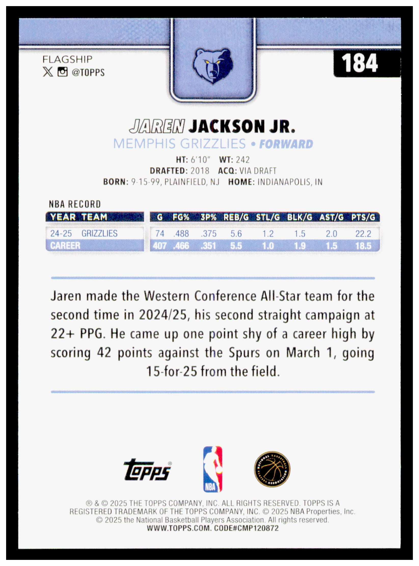 2025-26 Topps Jaren Jackson Jr. Card Memphis Grizzlies #184