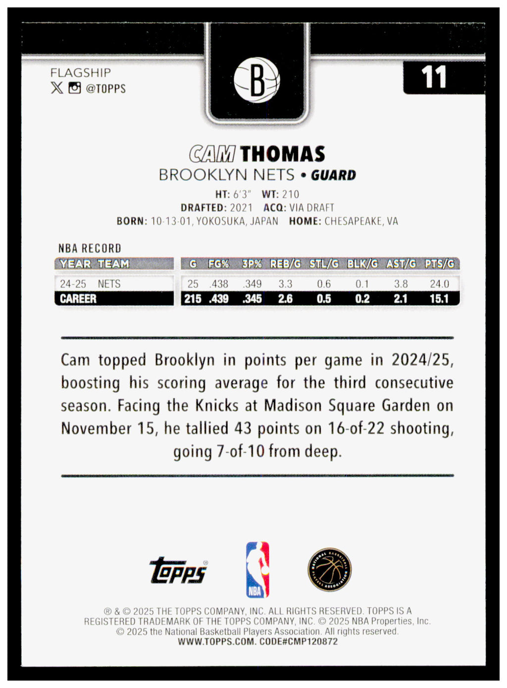 2025-26 Topps Cam Thomas Card Brooklyn Nets #11