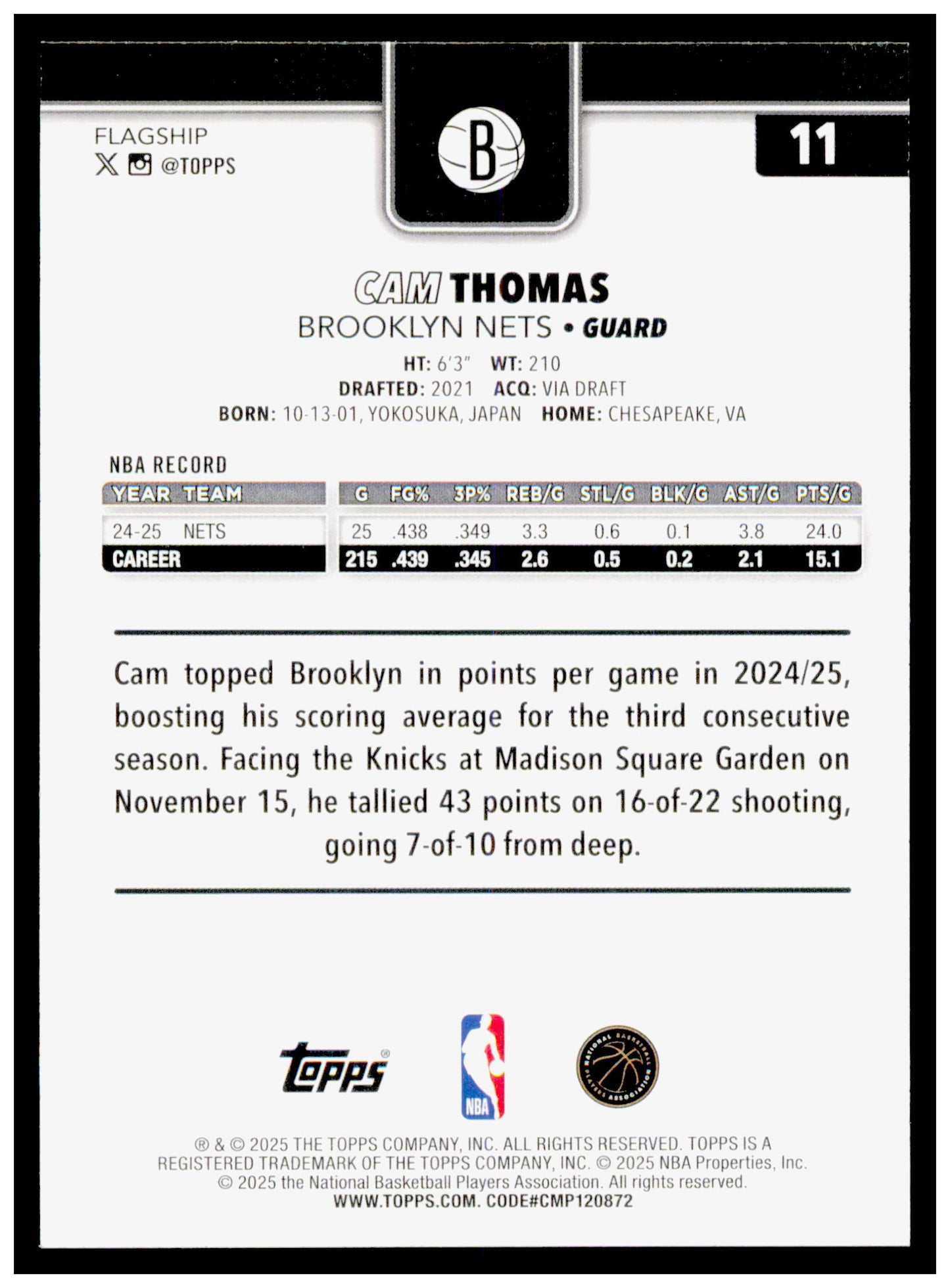 2025-26 Topps Cam Thomas Card Brooklyn Nets #11