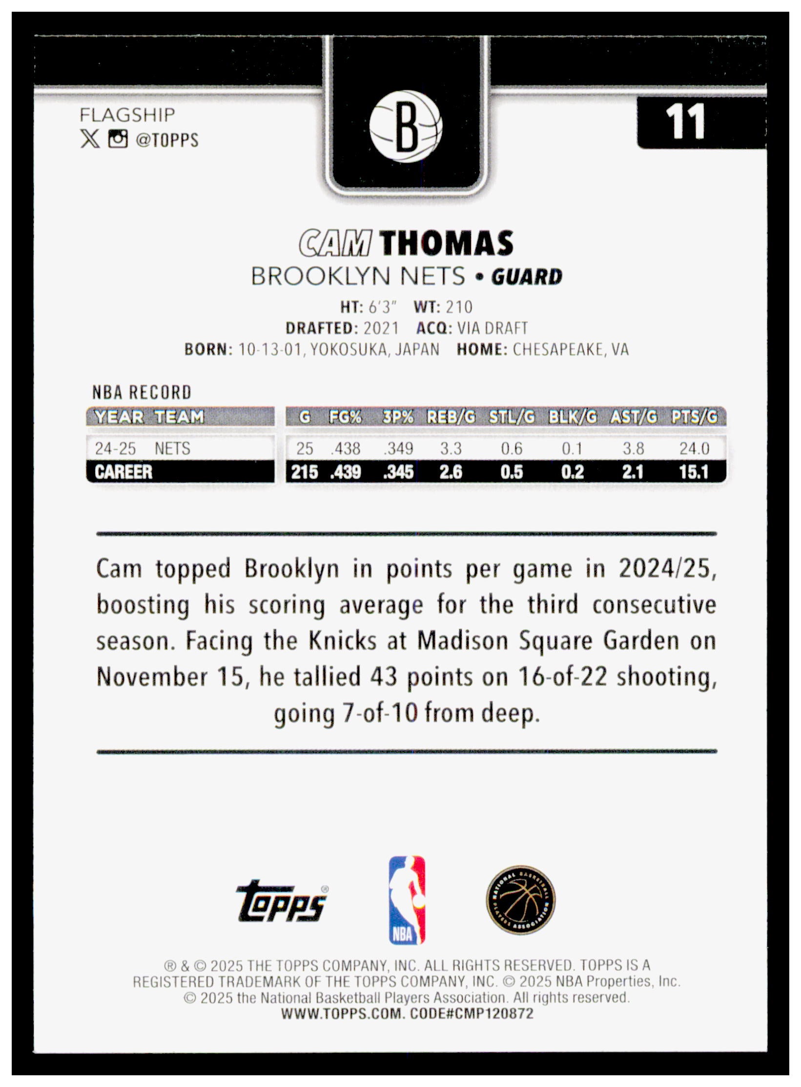 2025-26 Topps Cam Thomas Card Brooklyn Nets #11