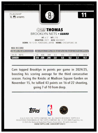 2025-26 Topps Cam Thomas Card Brooklyn Nets #11