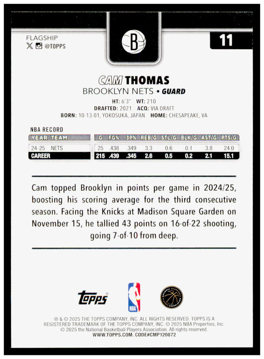 2025-26 Topps Cam Thomas Card Brooklyn Nets #11