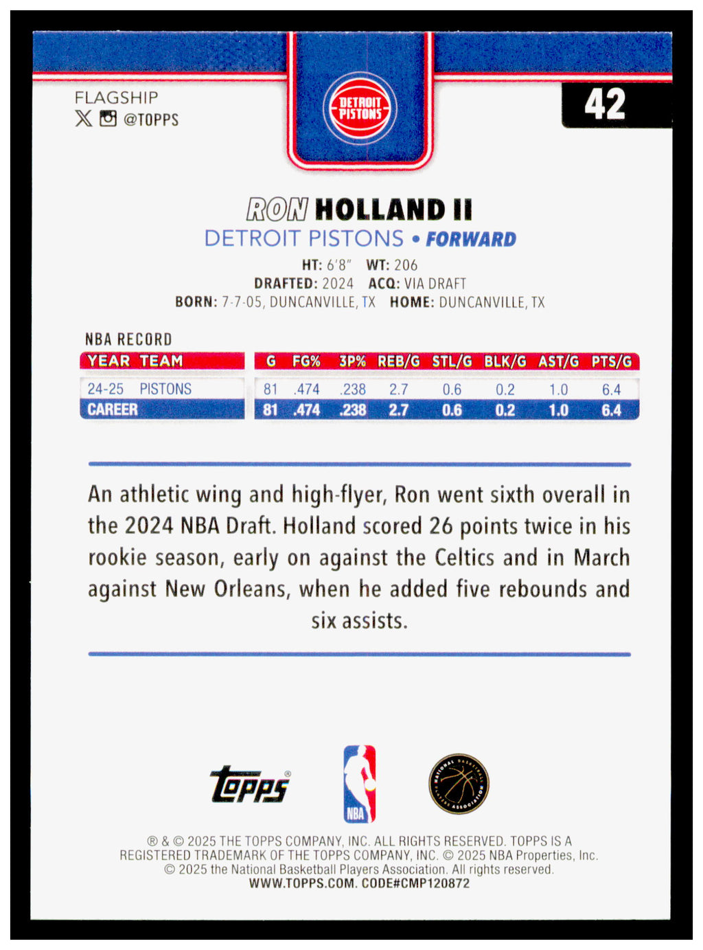 2025-26 Topps Ron Holland II Card Detroit Pistons #42