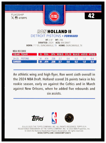 2025-26 Topps Ron Holland II Card Detroit Pistons #42