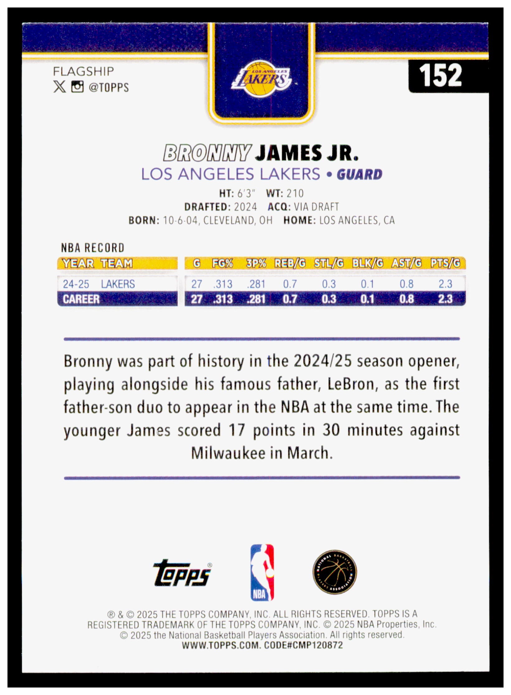 2025-26 Topps Bronny James Jr. Card Los Angeles Lakers #152