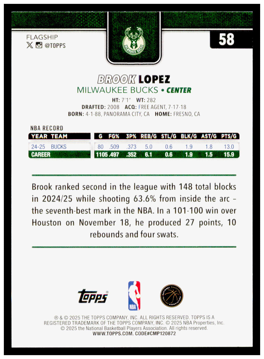 2025-26 Topps Brook Lopez Card Milwaukee Bucks #58