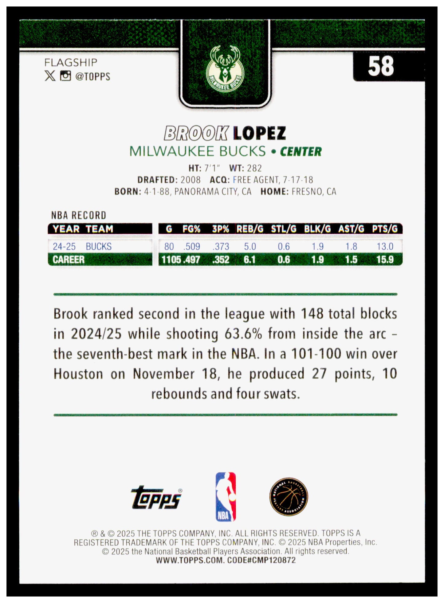 2025-26 Topps Brook Lopez Card Milwaukee Bucks #58